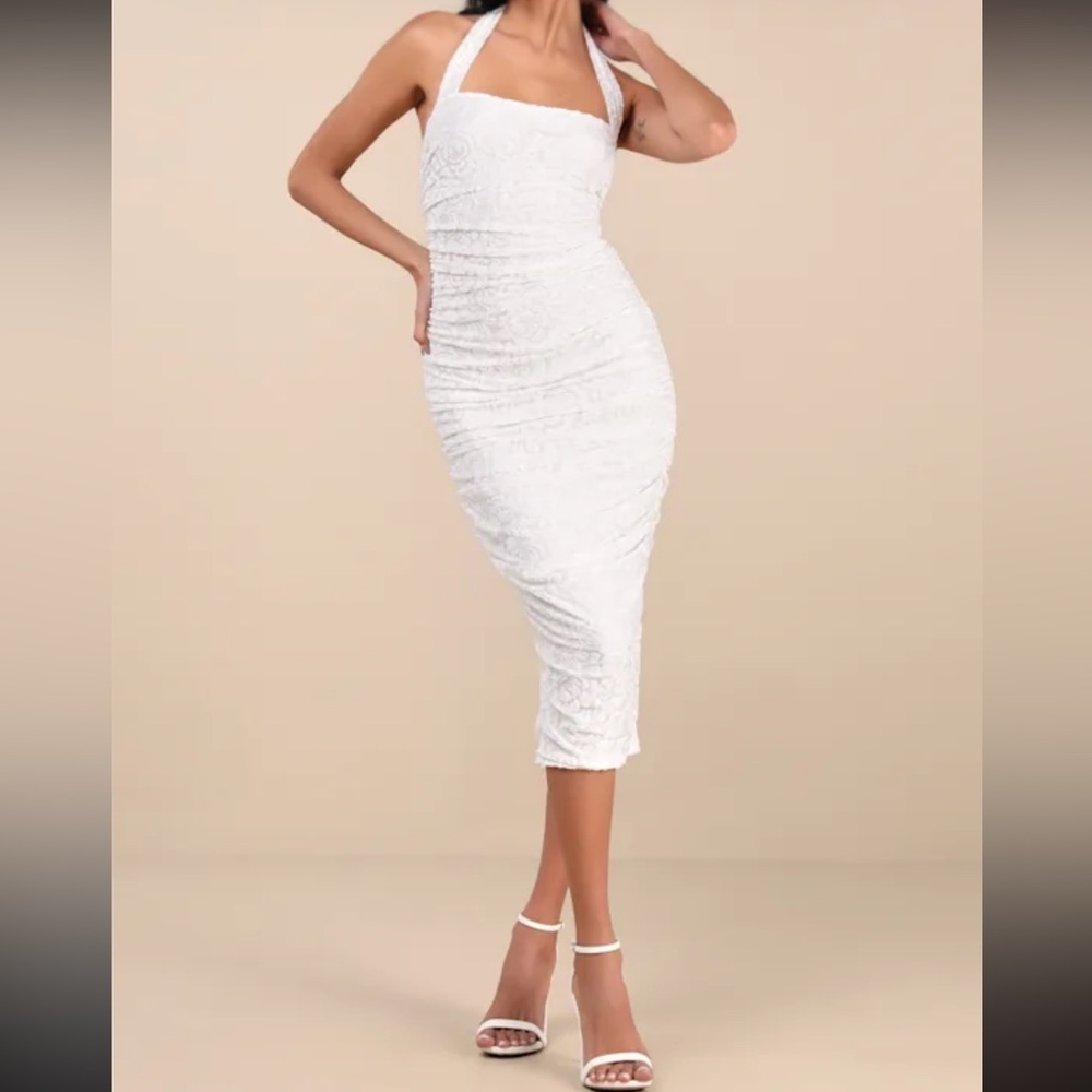 NWT Lulu's Delanie White Mesh Floral Burnout Halter Midi Dress